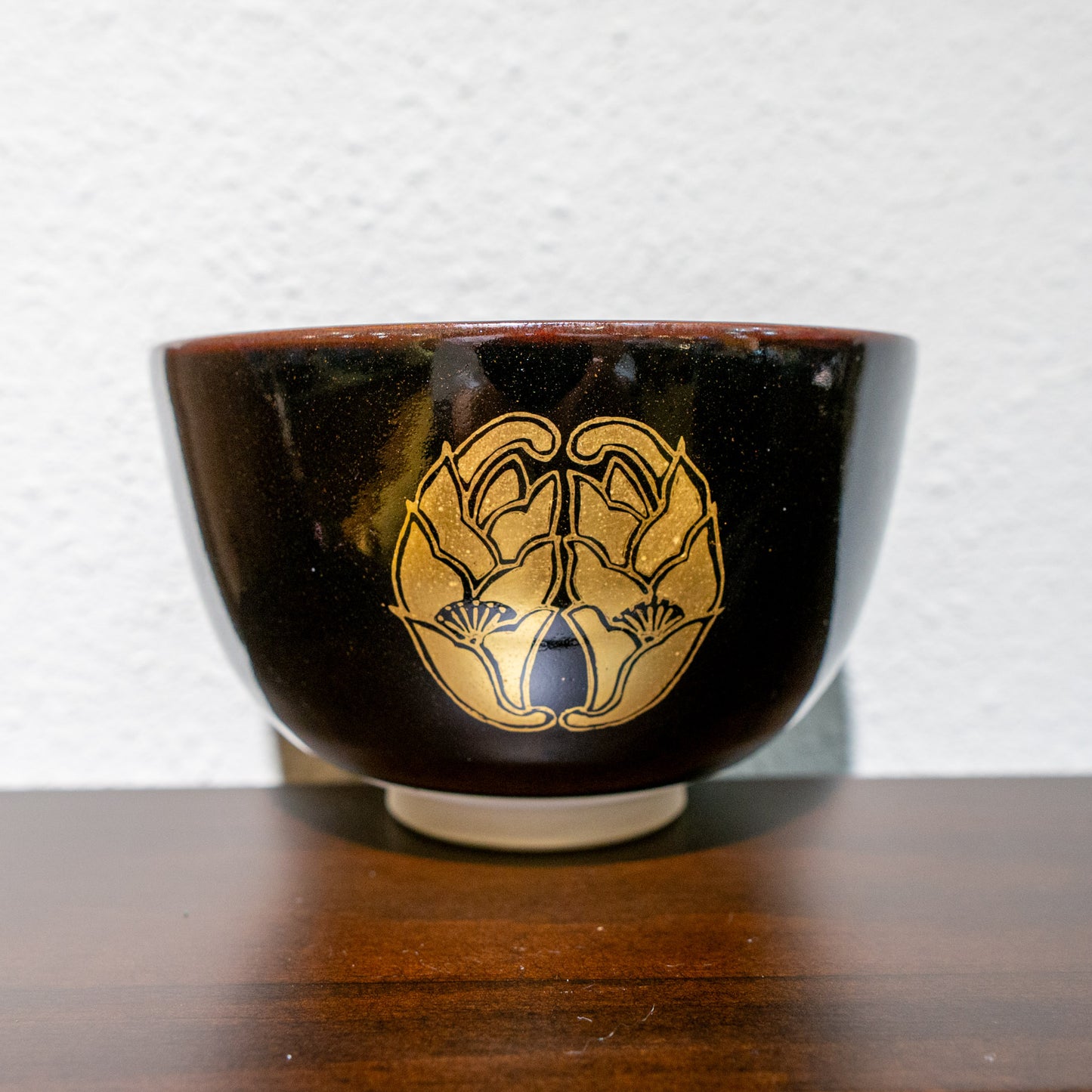 ✿ 京焼 広谷窯造 黒釉金彩花茶碗 ❀