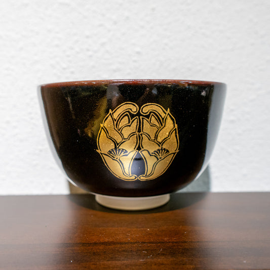 ✿ 京焼 広谷窯造 黒釉金彩花茶碗 ❀